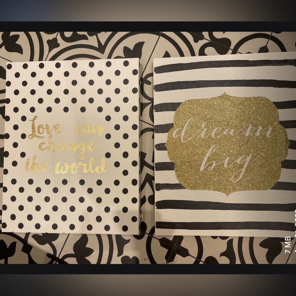 Gold and Black Polka Dot and Stripe Wall Art Set on wrap around canvas.